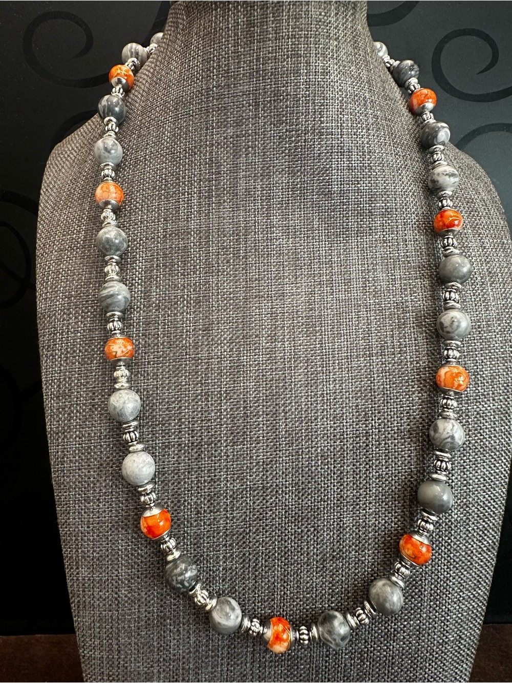 Gray and Orange Jasper Beaded Womenās Necklace